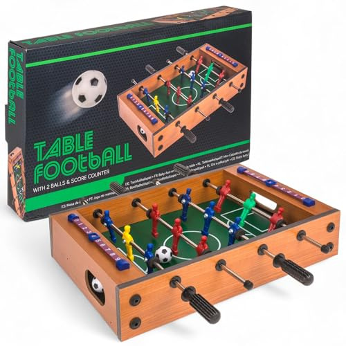 MIJOMA Tischfußballspiel aus Holz – Mini-Kicker für Kinder & Erwachsene, mit 2 Bällen & Torzähler – Tischspiel für Zuhause, Büro & Freizeit (33 x 21 cm)