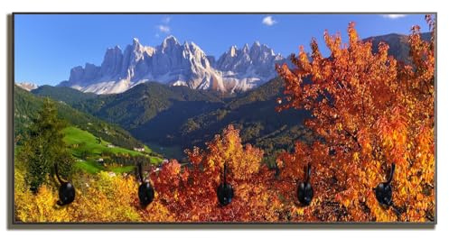 Wallario Wandgarderobe aus Holz in Größe 80 x 40 cm in Premium-Qualität, Motiv: Herbst im Gebirgstal unter blauem Himmel | 5 Kleiderhaken zum Aufhängen
