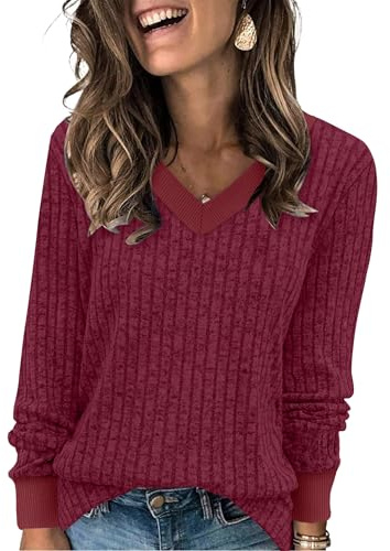 Aokosor Ladies Jumpers for Women UK-V Neck Long Sleeve Tops Women Sweatshirt Basic Lightweight Ladies Tops Size 18-20 Fuchsia XL