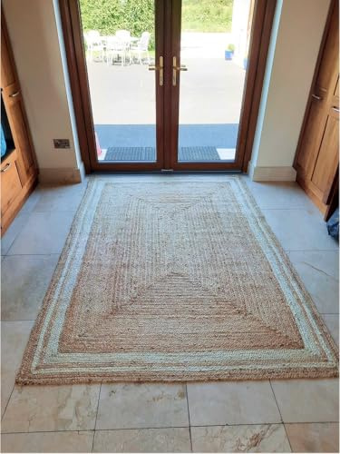 Large Neutral Tone Jute Rug Handcrafted Floor Mat with White Trim Ethical Craftsmanship Farmhouse or Coastal Style 190cm x 280cm (6ft 3 x 9ft 2)