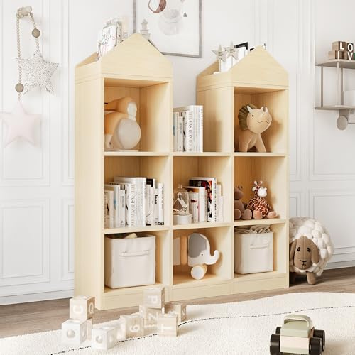 OPULENTHOME Aufbewahrungsschrank für Spielzeug mit 8 Boxen, Regal für Kinder, 8 Fächer aus Holz – Organizer für Spielzeug und Bücher – Design Haus (natürlich) für Kinderzimmer, Kinderzimmer oder