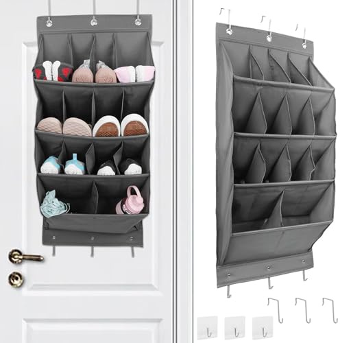 Rhyhome Schuhorganizer Hängend, Schuhaufbewahrung Tür mit 14 tiefen Taschen, Schuhregal Tür Hängend mit 3 Metallhaken und 3 Haken Selbstklebend für Schuhe, Wohnaccessoires (Grau 14 Raster)