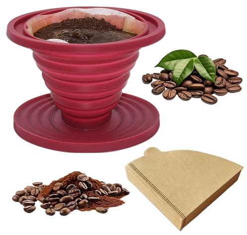 Silikon Kaffee Tropfer mit 40 Kegel Papierfiltern, Faltbarer Kaffeefilter Camping, Zusammenklappbarer Kaffee-tropfer Tragbarer, Wiederverwendbarer Silikon-Kaffeefilter für Reisen, Zuhause, Büro