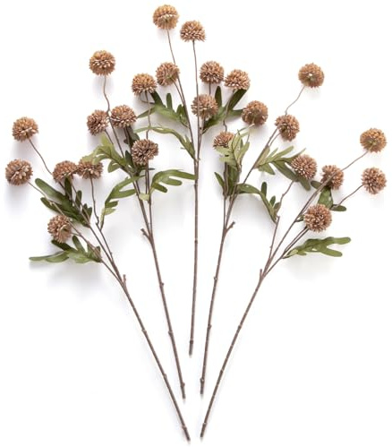 Laelfe 5 Paquetes de Flores Artificiales Kiku, 52 cm Crisantemos de Seda Falsa, Mini Mums Pompon, Ramos de Flores para Boda, Hogar, Cocina, Centros de Mesa, Relleno de Jarrón (Coffee)