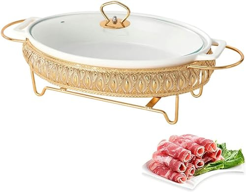 FBHappiness Ceramics Buffet Stove Chafing Dish, Underglaze Oval Chafers and Buffet Warmer with Glass Lid, Food Warming Tray for Restaurant Home Winter,L