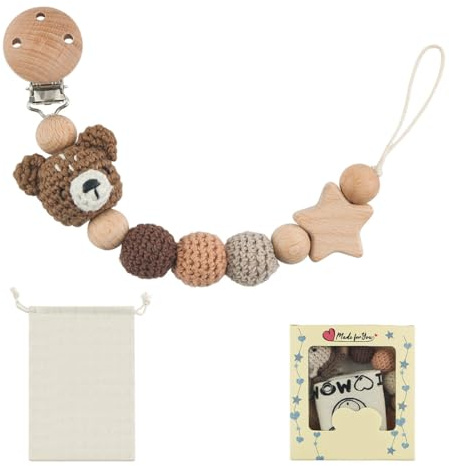 GNHG 1 cordon pour tétine pour nourrissons, empêche la perte, avec motifs de dessins animés, en coton et bois (ours)