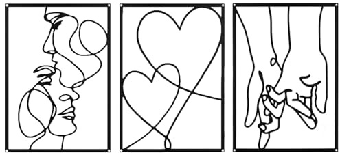 Shuqio Juego de 3 piezas de metal minimalista - Decoración de pared para dormitorio y sala de estar - Diseños motivados por el amor con beso, corazón y manos, decoración de pared perfecta para el