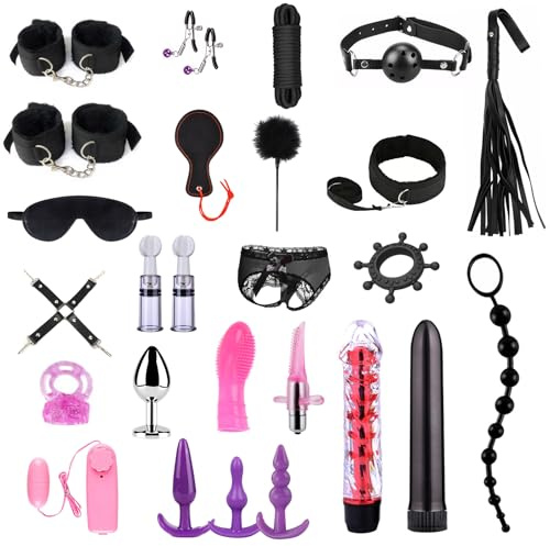 Kit de Bondage BDSM 26 Piezas Qoosea para Parejas, Esposas Ajustables para Tobillos y Muñecas Collar con Set de Plug Anal, Bola de Bozal y Juguetes Vibratorios para Juego Sensual Adulto