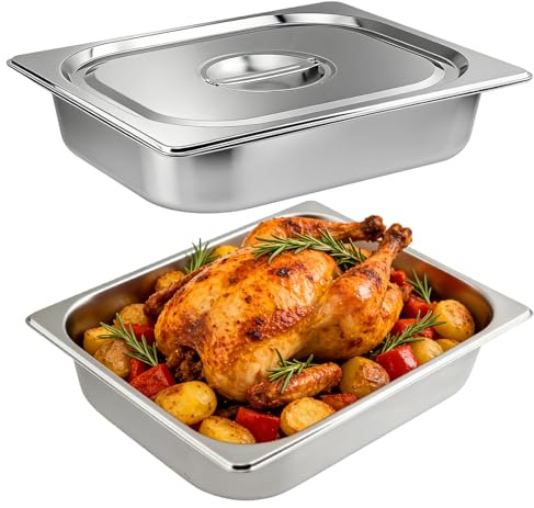 CHUEHKAK Panierschalen Set 2-teilig, GN 1/2 Behälter mit Deckel, 32,5 x 26,5 x 6,5 cm Gastronorm-Behälter Edelstahl für Koteletts, Schnitzel Fleisch, Restaurant, Catering,Stapelbar