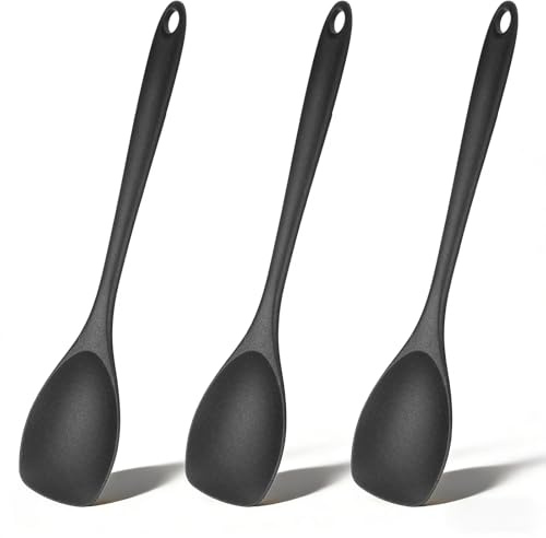 cobee 3 Stück Silikon Rührlöffel, Kochlöffel Silikonlöffel 27cm Schwarz Antihaft Silikonlöffel Servierlöffel Hitzebeständiger Silikon Löffel Küchenutensilien für Kochen Rühren Mischen Servieren
