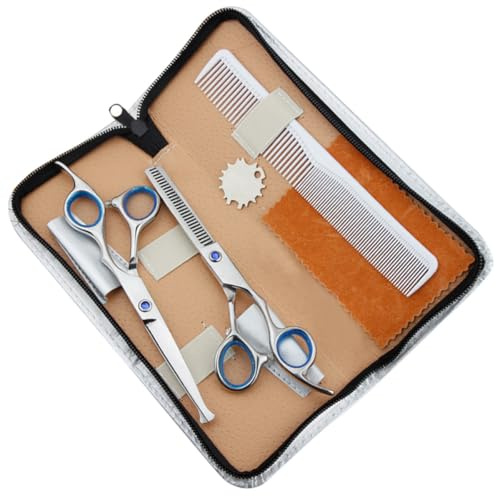 TOYANDONA Friseurscheren Inkl Aufbewahrungstasche und Reinigungstuch aus Stahl mit Blauen Ergonomischen Griffen 5 Stück zu Zufällige Farbe für Selbstgemacht Haarstyling und Haarausdünnung