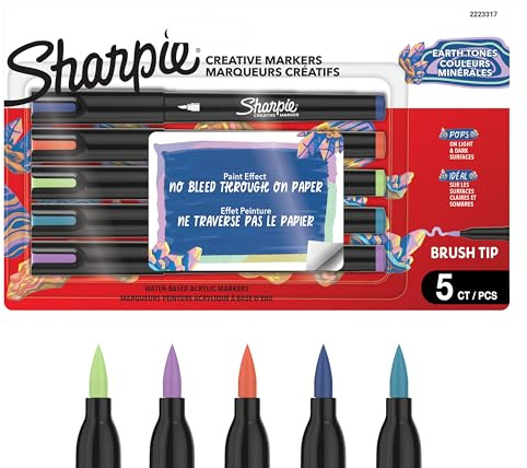 Sharpie Creative Marker Acrylic Paint Pens | Earth Tones | Water-Based Paint Markers | No-Bleed Ink Writes on Most Surfaces | Brush Tip | Crafting & Art Supplies | Assorted Colours | 5 Count