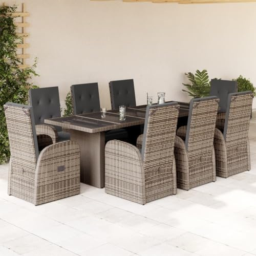 Qnhdfrt 9 Piece Grey Rattan Outdoor Dining Set 240 x 90 cm Reclining Chairs with Cushions Garden Patio Table Bistro Group for Balcony Conservatory Backyard