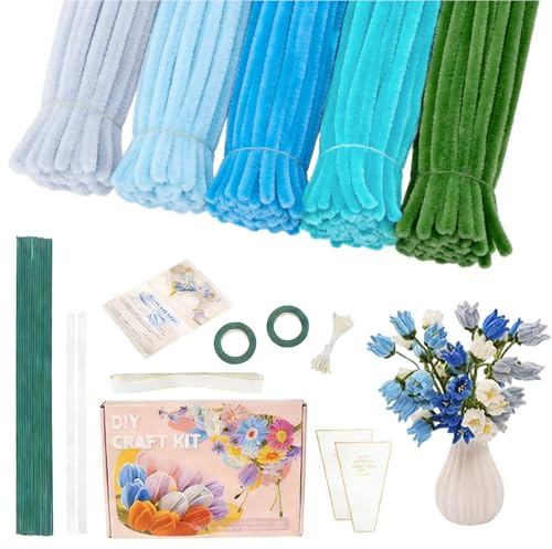 500 Stück Pfeifenreiniger Blumen Set, Pfeifenputzer Zum Basteln, Pfeifenreiniger Blumen mit Blumendraht, Geschenkband, Klebeband, Anleitung zum Blumenbasteln (Blaues Maiglöckchen)