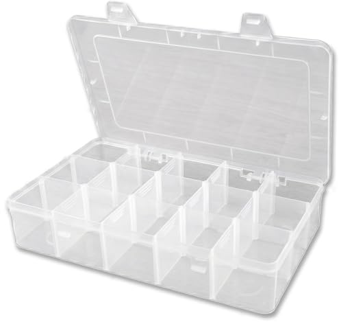 YuYueWeiXiao Förvaringslåda med 15 fack 27 × 17 × 5,5 cm | Genomskinliga lådor, avdelare, snacks, pärlor, hantverk, smycken, fisketillbehör