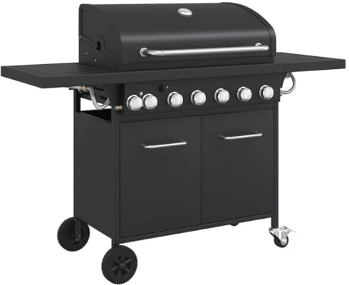 Gas BBQ Grill with 7 Burners Black Powder-coated Steel, Large Cooking Surface Outdoor Gas Barbecue with Side Burner, Built-in Thermometer, Piezo Ignition, Wheels and Storage