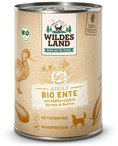 WILDES LAND – Ente | Nassfutter mit extra hohem Fleischanteil und natürlichen Zutaten für ausgewachsene Hunde. Getreidefreies Alleinfutter ohne Zusatzstoffe in der Dose | 6x400g Ente
