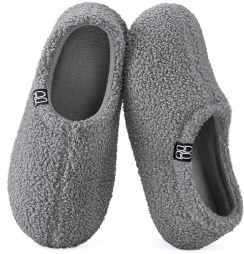 HomeTop Women's Fuzzy Curly Fur Memory Foam Loafer Slippers Bedroom House Shoes with Polar Fleece Lining (9-10, Grey)