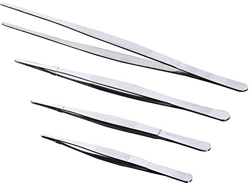 Juego de 4 pinzas de acero inoxidable, pinzas rectas largas para plantas, césped y jardín con puntas dentadas y mango antideslizante, 11.8/7.9/6.3 pulgadas de largo