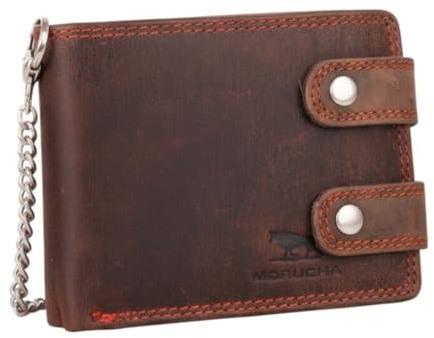 Morucha Men’s RFID Blocking Biker Chain Wallet – Genuine Distressed Hunter Leather with Removable 45cm Metal Safety Chain, Coin & Cash Compartments, ID & Card Slots M100 (Dark Brown)