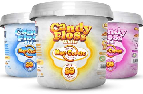 MacCorns - Cotton Candy Floss Bucket Stack - Blue, Pink & White | Traditional Spun Candy Floss, Ideal for Cocktails, Desserts Garnish and Parties - 3 x 10ltr Resealable Mega Buckets