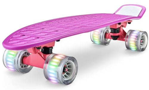 Hurtle Scateboard Kinder ab 6 Jahre, Mini Skateboard mit LED Leuchtrollen, 55cm Pennyboard mit Anti- Rutsch Deck für Mädchen & Junge, Cruiser LED, Kaykay- für Anfänger & Fortgeschrittene, Max100kg