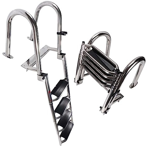 NEW Upgrade 4 Steps Pontoon Boat Ladder, Stainless Steel Folding Telescoping Inboard Heavy Duty Swim Deck Ladder with Hand Railing Extra Wide Steps