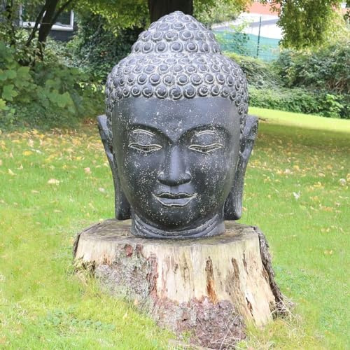 Oriental Galerie Buddha Kopf Head Figur Gartenfigur Steinfigur Lavastein Skulptur Bali Garten Schwarz 55 cm