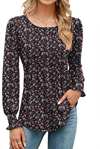Rapbin Womens Floral Blouses Long Sleeve T Shirt Loose O Neck Tops Pleated Tunic Tops Ladies Shirts red Print S
