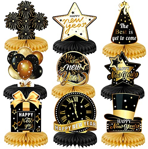 DPKOW Silvester Deko 2026, 9 Stück Schwarz Gold Neujahr Deko Happy New Year Honigwabe Mittelstücke 2026 Silvester PartyDeko-Tischaufsätze für Tischdeko 2026 Silvesterdeko Accessoire