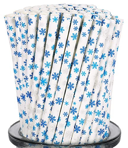 Whaline 200Pcs Christmas Paper Straws Snowflake Disposable Straw for Winter Holiday Xmas Beverage Cocktail Birthday Home Party Supplies