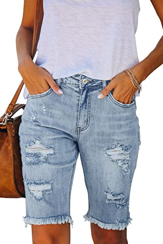 Ancapelion Women's Casual Denim Shorts Mid Waist Bermuda Jeans Shorts Raw Hem Ripped Hole Jeans with Pockets Light Blue S