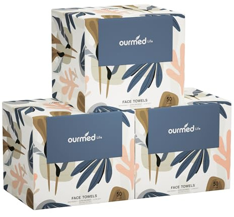 Ourmed Life Face Towels, Disposable Biodegradable Facial Towels for Sensitive Skin, Lint- Free Face Wipes for Washing Face, Skincare and Makeup Remover, Dry Wipes, 10×12 Extra Large, 150 Count | Clinically Tested, Reduce Redness, Skin Soothing, Sensitive Skin friendly, Biodegradable, Skincare, Women Cleansing,Absorbent