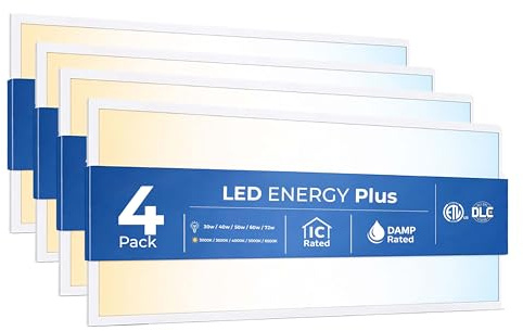 LED ENERGY PLUS 2x4 FT LED Light Flat Panel,40/50/60W,Color Temperature Selectable 3K | 4K 5K,Dimmable Recessed Drop Ceiling Lights,5000/6250/7500 Lumens,Lay in Fixture,120-277V,UL DLC(4 Pack),White