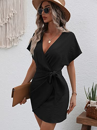 Women's 2023 Summer Short Dress Sleeve Collar Wrap Hem Tie Front Dress Casual