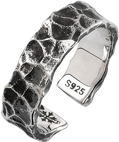Schwarz handgefertigter Gehämmerter Ring Echtes 925 Sterling Silber Offener Bandring für Herren Damen Verstellbar 7mm Größe M