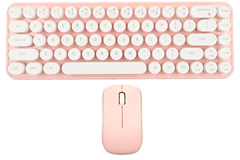 Combinazione Tastiera e Mouse per Macchina da Scrivere Wireless 68 Tasti, Trasmissione Stabile a 2,4 GHz, Alimentazione a Batteria, Design retrò per (Bianco e Rosa)