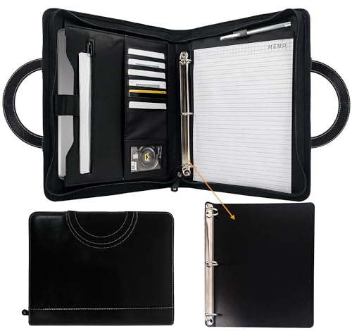 GraduatePro A4 Schreibmappe Leder Dokumentenmappe mit Abnehmbar 3-Ringbuch, Business Tablet Mappe Ordner Klemmbrettmappe mit Griffe Reißverschluss Portfolio Schwarzer