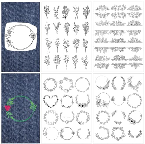 craspire 4 Blatt Blumenkranz, Wasserlösliche Stickstabilisatoren, Handnähen, Stick- Und Stitch-Transfers, Papier, Abwaschbar, Vorgedruckte, Selbstklebende Muster Für Taschen, Stoffnähen, Liebhaber