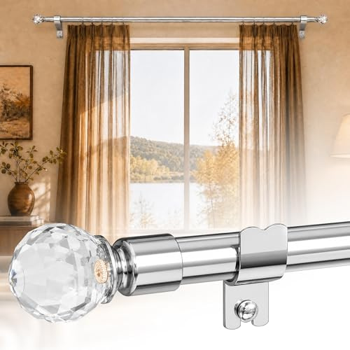Curtain Poles, 1.6 cm Single Curtain Rods 76-238 cm, Curtain Poles for eyelet curtains for Bedroom, Door, Windows, Decorative Drapery Pole with Acrylic Diamond Finial, Silver