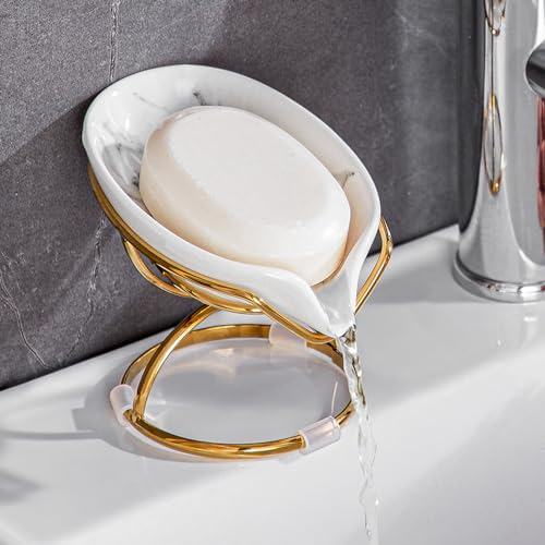 Dobbyby Seifenschale mit Ablauf, Seifenschale Keramik Seifendose Seifenhalter Seifenhalter Dusche Seifenablage Seifendose Edelstahl für Seife für Dusche, Waschbecken, Küche, Badewanne (Gold)