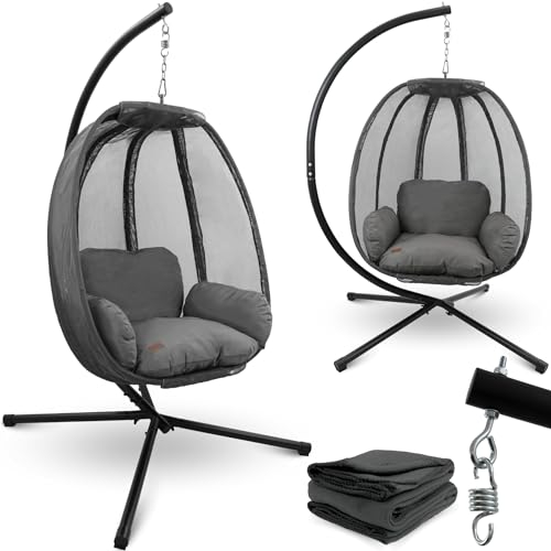 deluxe4home® Hängesessel mit Gestell Anthrazit I Hängekorb mit Kissen & Kuscheldecke I Hängeschaukel Sessel Indoor & Outdoor I Terrassenschaukel