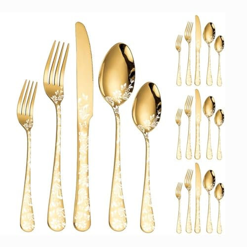 Electroplated Patterned Kitchen Silverware Tableware Set,18/10 Stainless Steel Flatware Set, Steak Knife Fork Spoon Gift Box Cutlery Sets (Gold,20 Pieces)