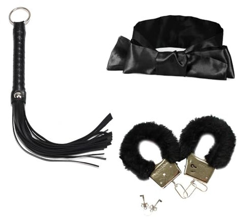 Leather Riding Crop and Satin Eye Mask, Metal Handcuff with 2 Keys Set, Multifunctional Whip Prop, Non Slip Floggers, General Tassel Whip for Equestrian Performances, Stage Acts, Cosplay Costume