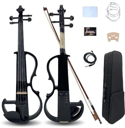 Yinfente - Violín eléctrico 4/4 de tamaño completo silencioso 4 cuerdas de madera maciza para principiantes niños adolescentes accesorios de ébano con estuche, arco (negro)