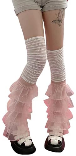 Damen-Beinstulpen mit Rüschen, Y2K, gestufte Spitze, ausgestellte Stiefelstulpen, Bezüge, Lolita-Socken, Harajuku-Armstulpen, A-Pearl Pink, One size