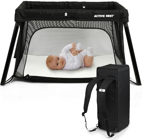 ACTIVE NEST Reisebett Baby mit Matratze & Rucksack – in 15 Sek. aufgebaut – 6 kg leicht – kompakt faltbar für Reisen, Besuche & Zuhause – 0-3 Jahre – EN 716 geprüft