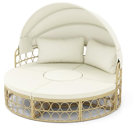 LIFEZEAL Rattan Sonneninsel, Runde Liegeinsel mit Kissen & faltbarem Sonnendach, Multifunktionales Tagesbett Gartenmuschel mit Kissen, Outdoor Gartenliege Sonnenliege