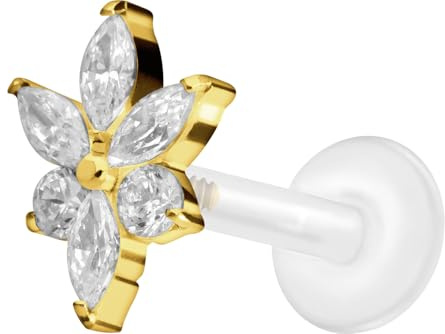 PIERCINGLINE PTFE Labret mit Innengewinde + Titan-Aufsatz KRISTALLBLUME Piercing Nase Ohr Farb & Größenauswahl