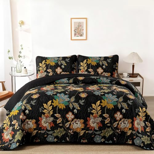 WONGS BEDDING Floral Quilt Set King Size, Black Botanical King Bedspread Bedding Sets, 3 Pieces Quilt Set with 2 Pillowcases,Soft Lightweight Microfiber Coverlet Set for All Season(104X90)